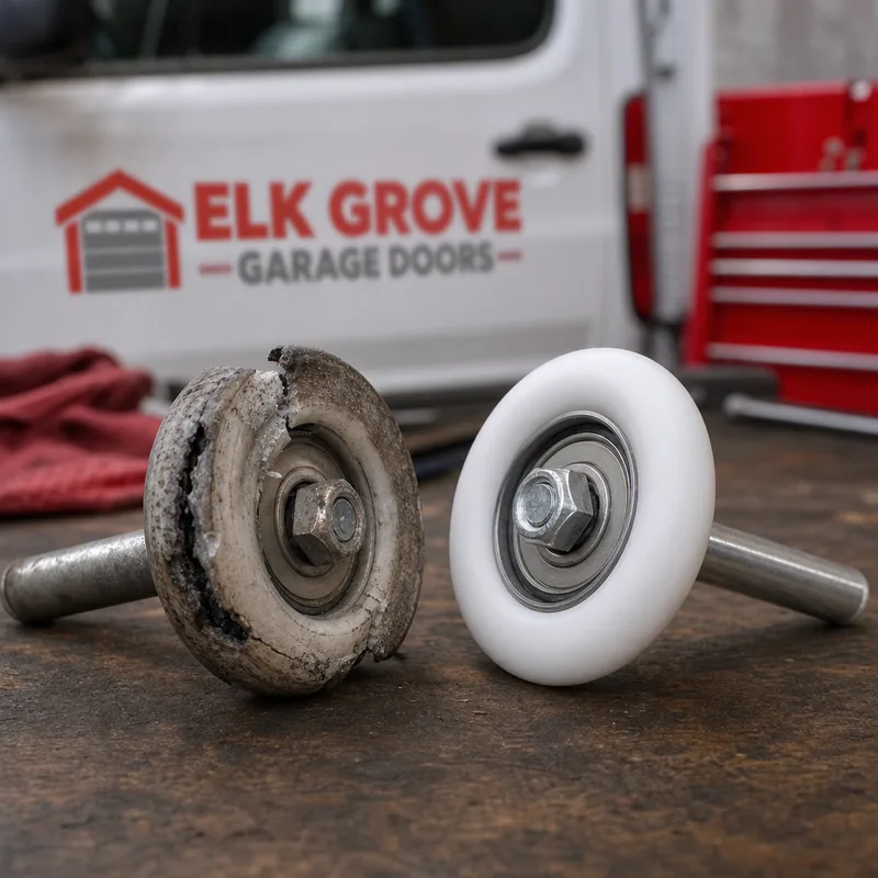 Worn nylon garage door roller with a cracked wheel beside a new roller on a workbench