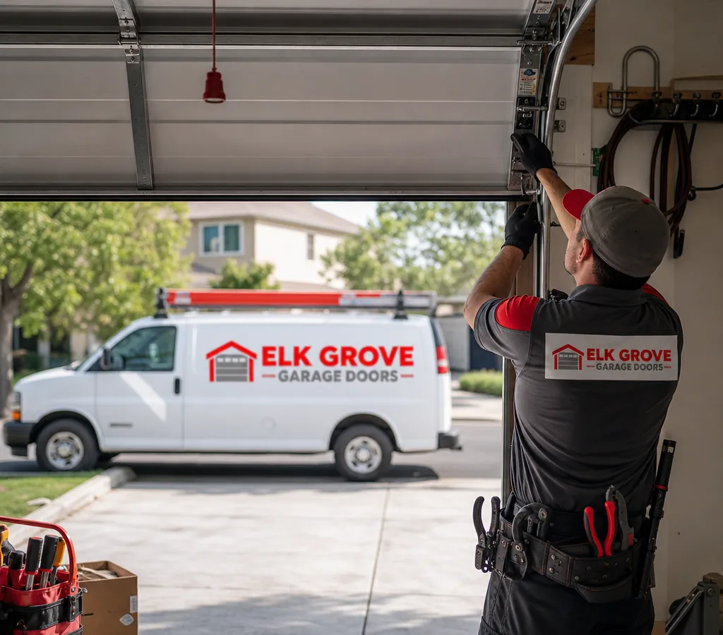 Residential garage door partway open while a contractor inspects the track and rollers from inside the garage