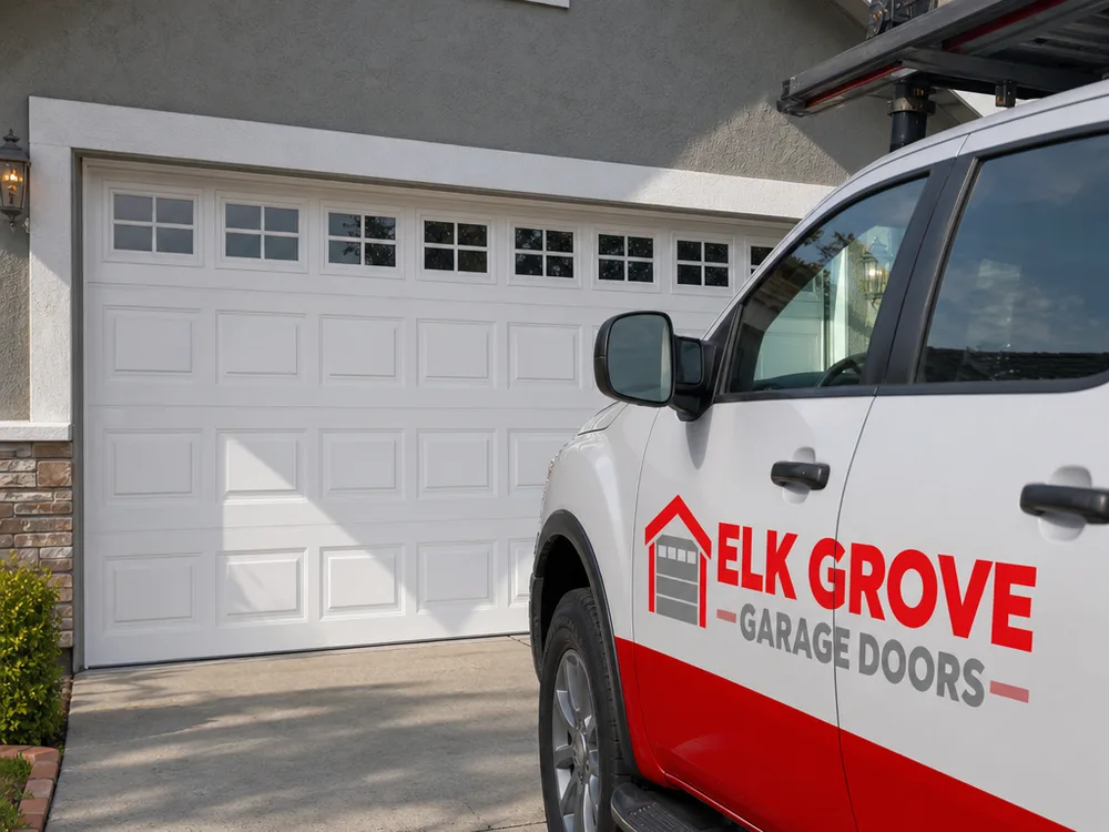 Residential garage door aligned in its track with even gaps and smooth sections after hardware adjustment