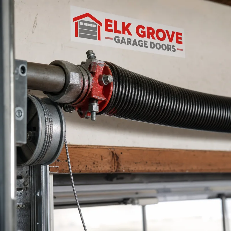 Garage door torsion spring and winding cone close-up above the door header with cable drum visible