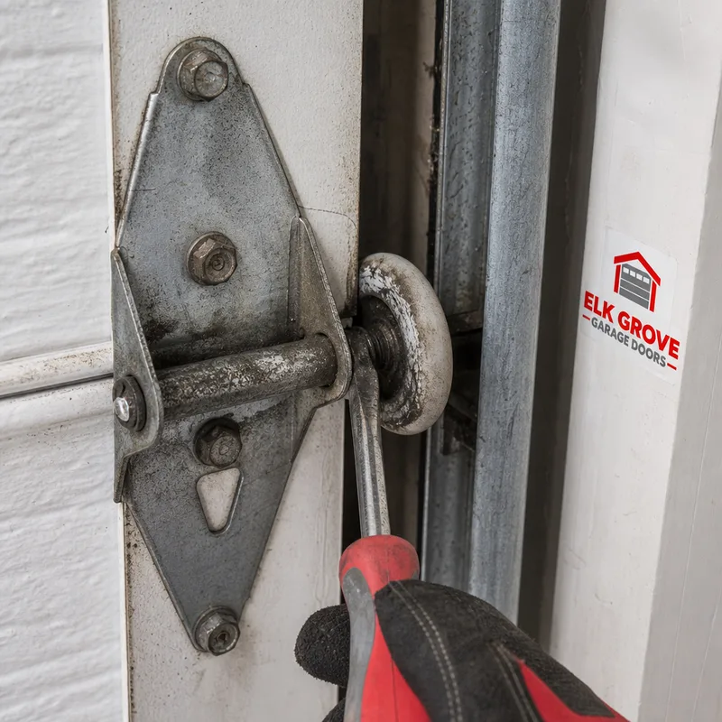 Close-up of a worn garage door roller and hinge at a sectional door panel joint, showing why doors get noisy and jerky