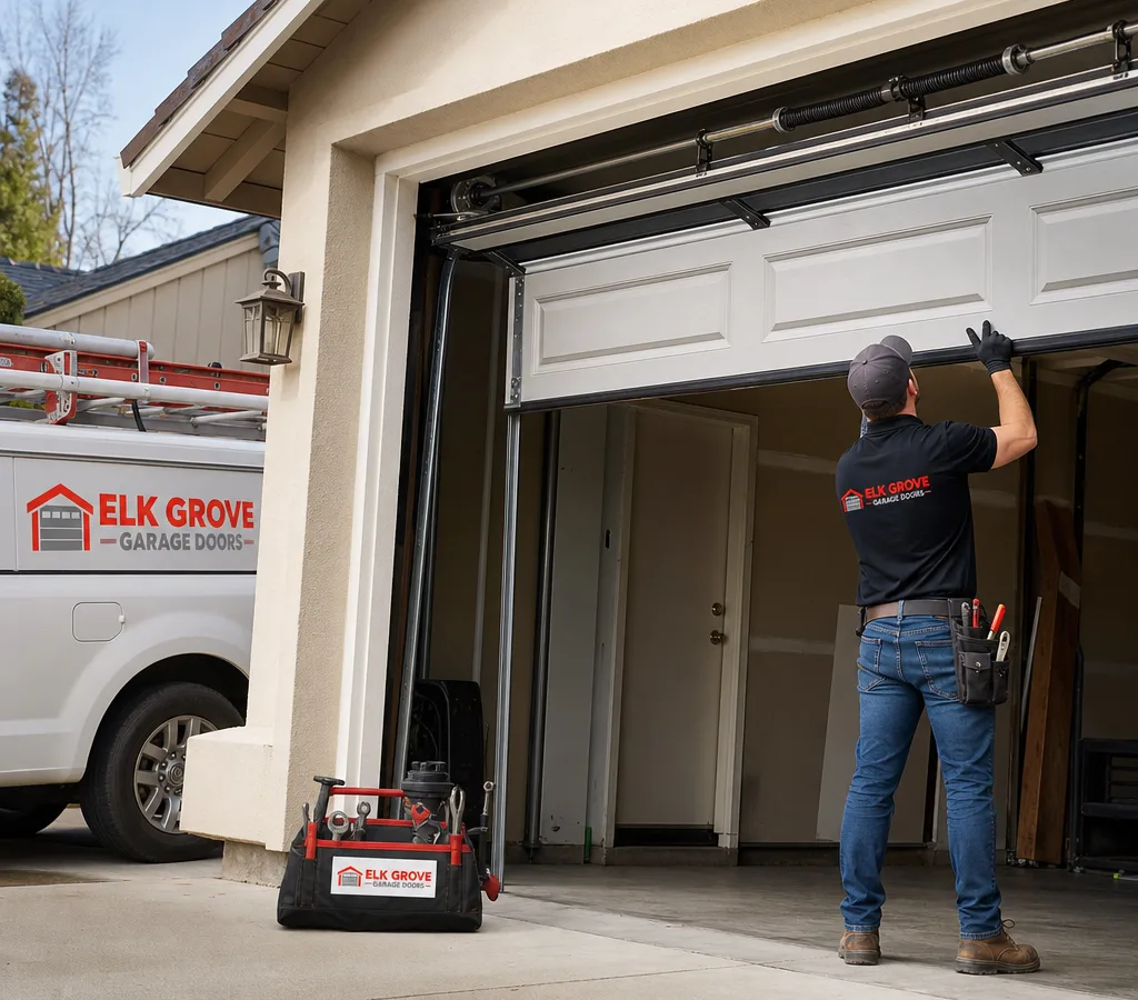 Residential overhead garage door on a suburban Elk Grove home, partly open, with visible tracks and torsion spring system above the door