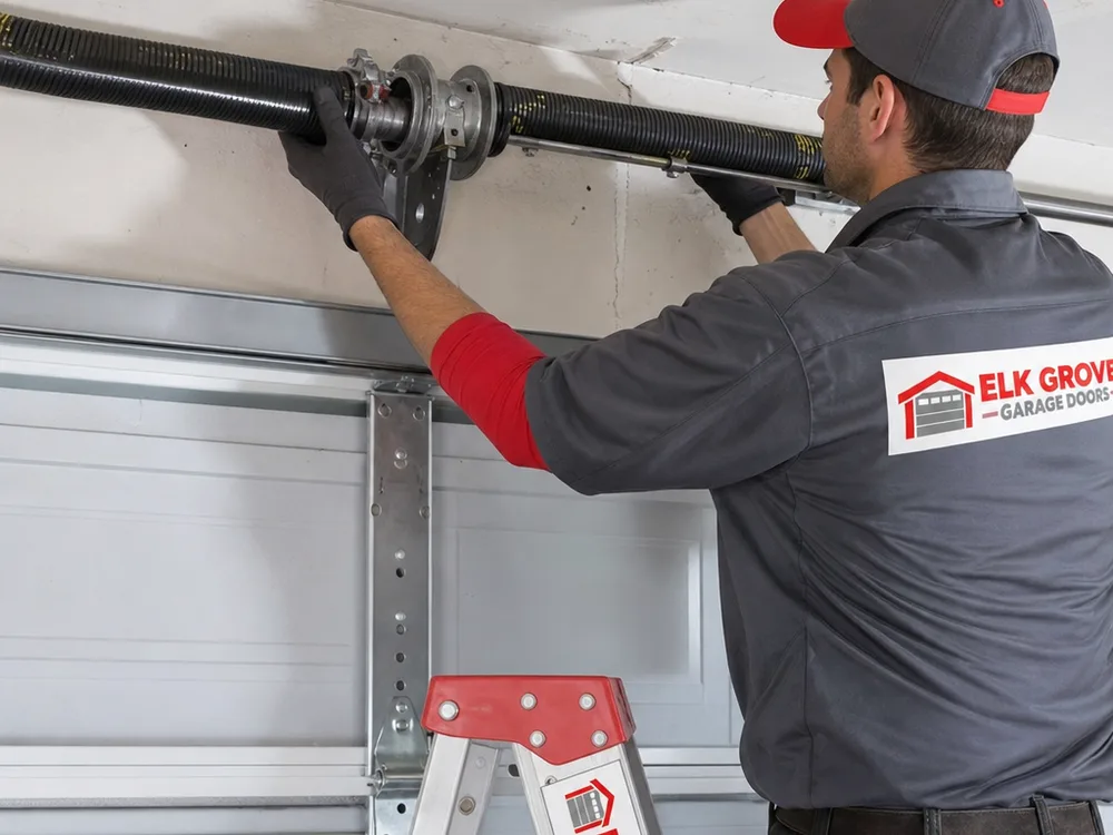 Contractor inspecting torsion spring, center bearing plate, and cable drums above a sectional overhead door with ladder safely positioned