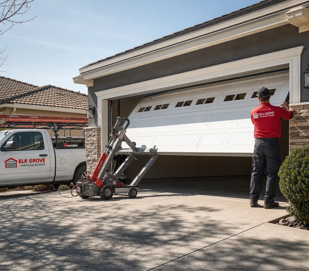 Residential overhead garage door being positioned in its opening by an installer using lifting equipment