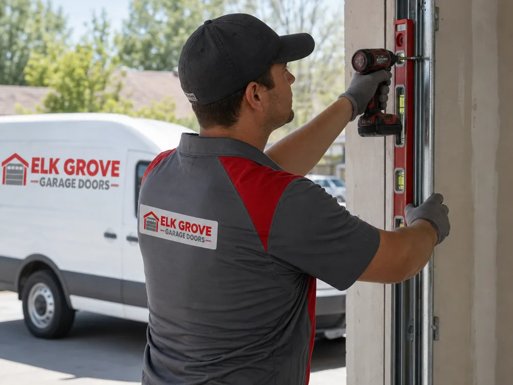 Installer aligning and fastening a vertical garage door track to the jamb