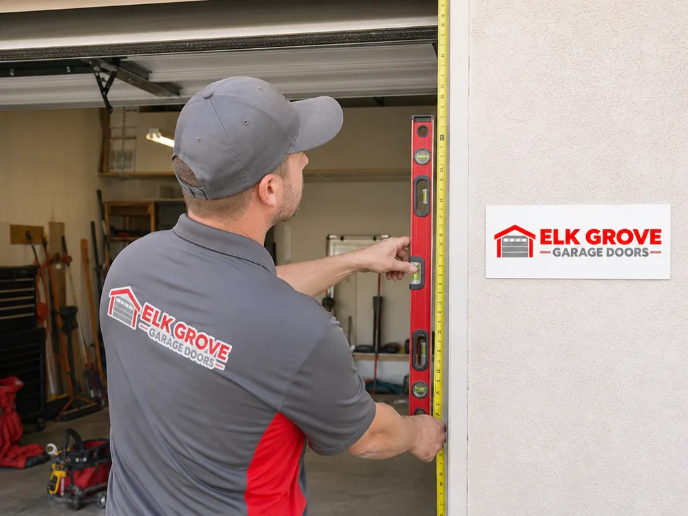 Installer measuring a garage door opening with a tape measure and level