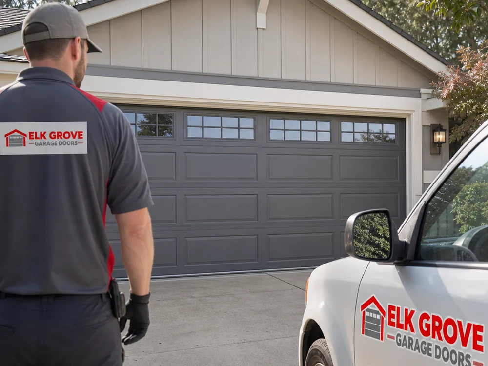 Finished residential steel sectional garage door with top-row windows and even reveal lines