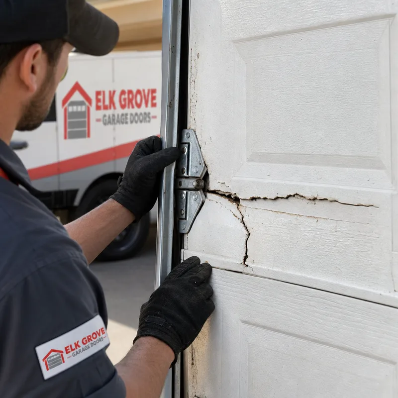Creased garage door panel with cracked paint and a bent hinge line