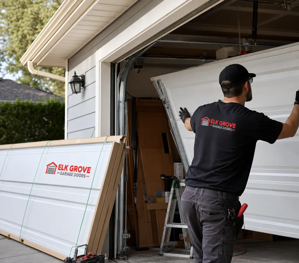 Residential garage door being removed from its tracks with a new door staged nearby