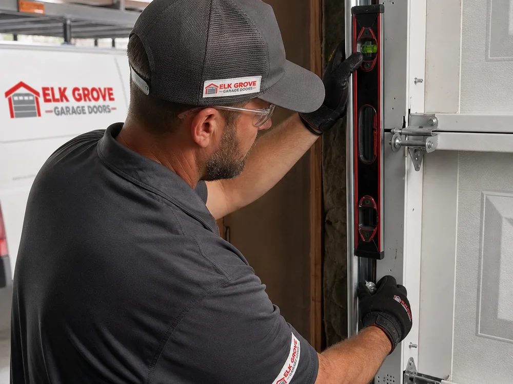 Contractor setting a vertical garage door track plumb and checking roller clearance