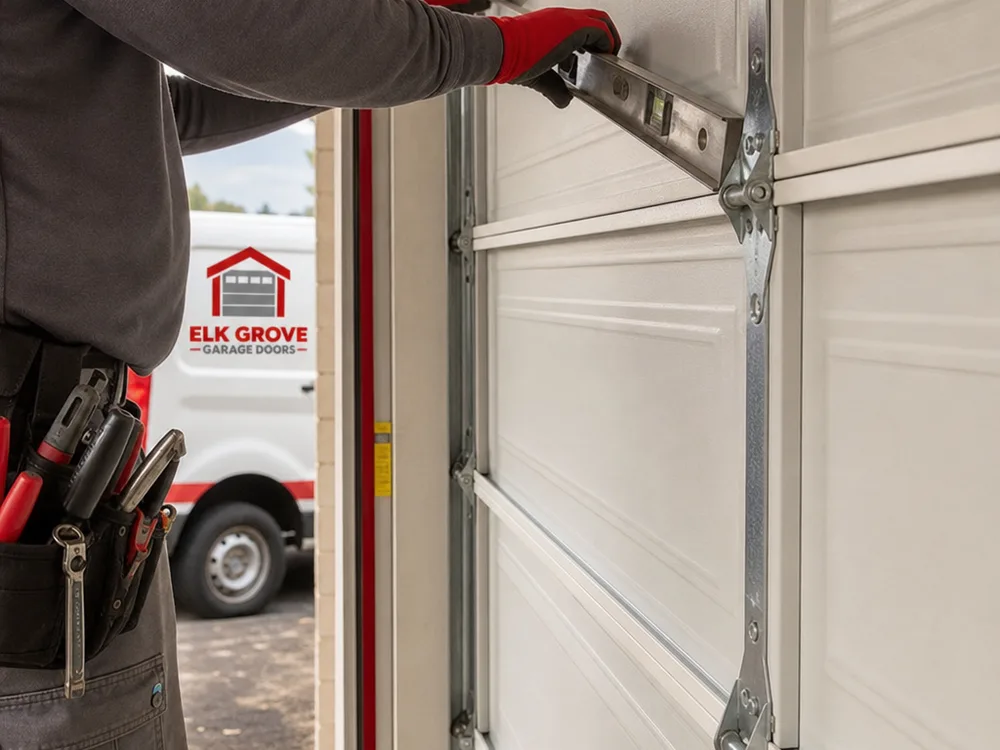 Contractor checking a sectional garage door panel and hinge locations with a straightedge