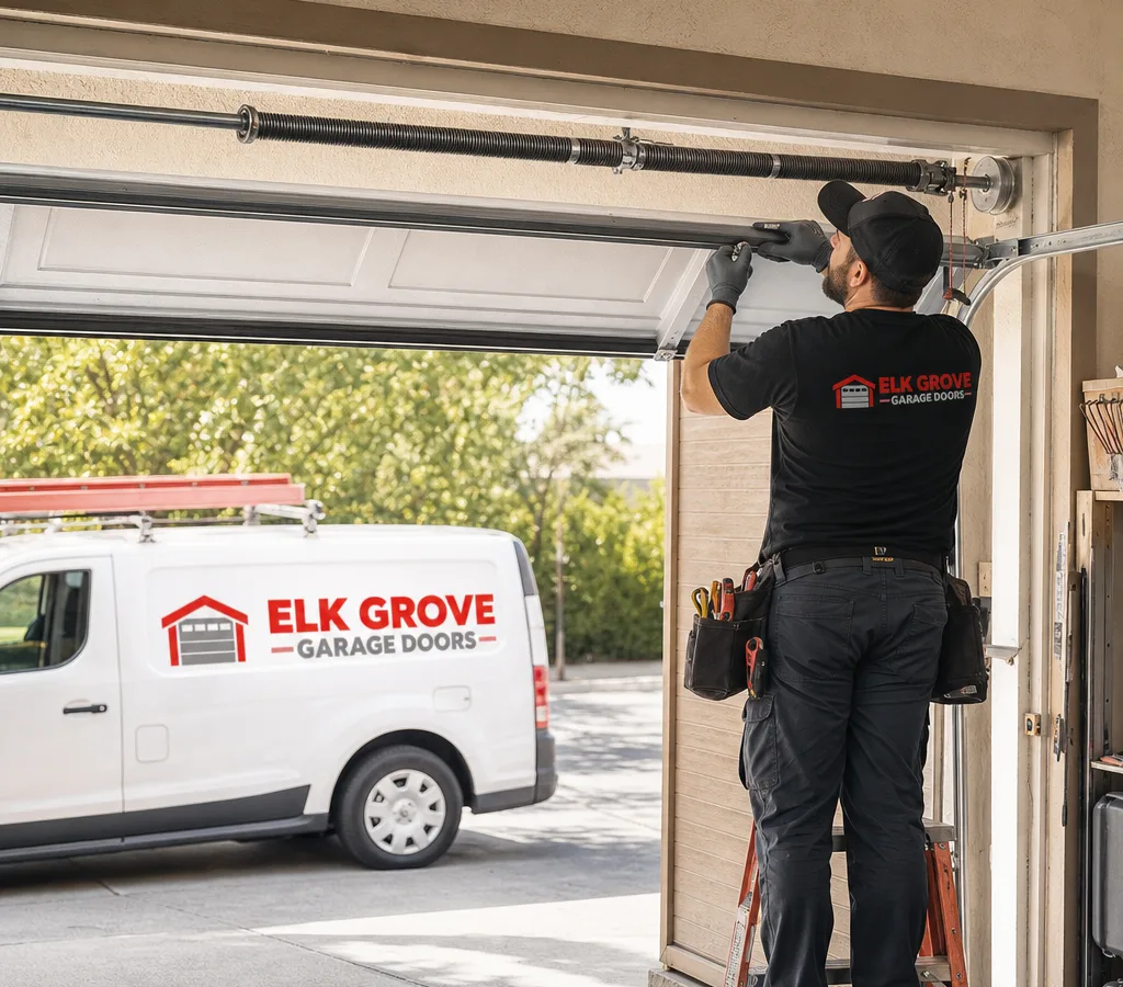Residential garage door partially open with the torsion spring assembly visible above the door