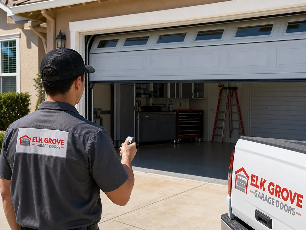 Residential sectional garage door opening smoothly with even spacing and level travel