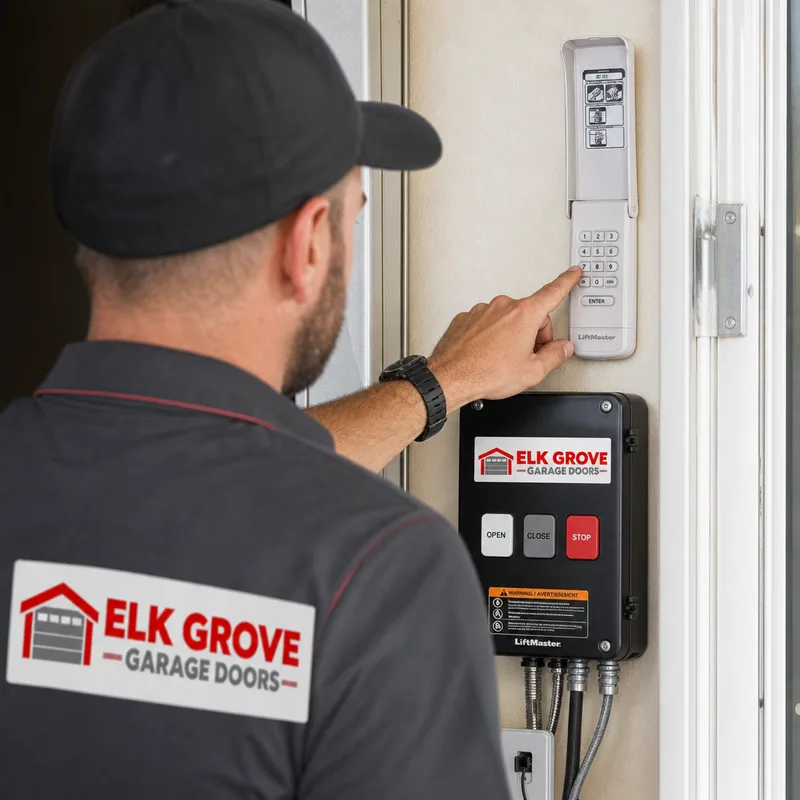 Garage wall control panel and wireless keypad with clean wiring and labeled controls