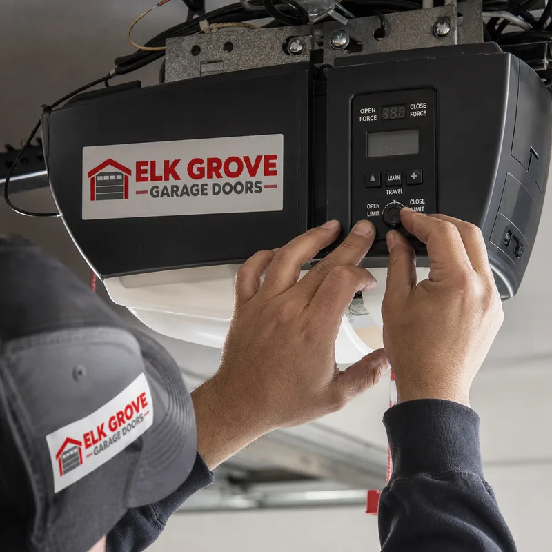 Technician adjusting garage door opener travel limit settings on the motor housing