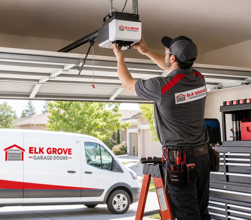 Contractor mounting a ceiling-mounted garage door opener motor and rail above a residential garage door
