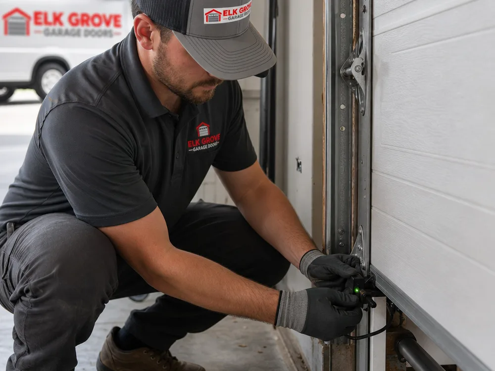 Aligned garage door safety photo-eye sensors with indicator light and neatly routed wiring