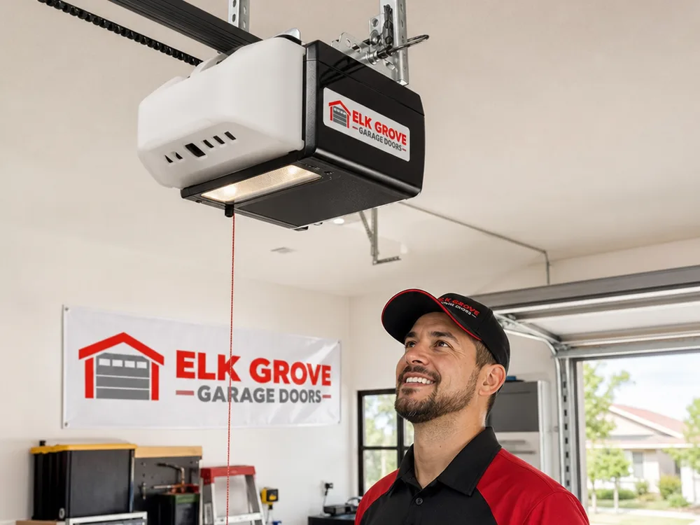 Neatly installed garage door opener motor with straight rail alignment and secure ceiling hangers