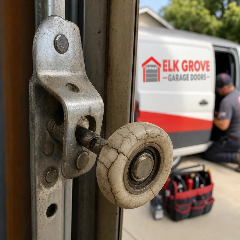 Garage door roller wheel with cracked nylon and a worn bearing beside a hinge with play around the roller stem