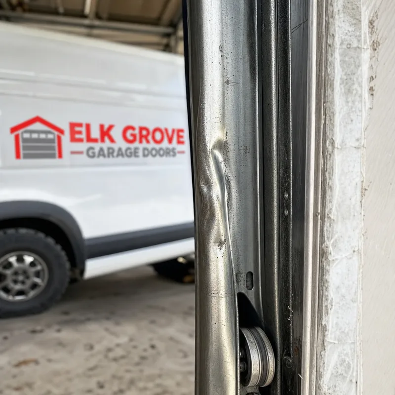 Vertical garage door track with a creased bend, scuff marks, and visible roller marks where the door binds