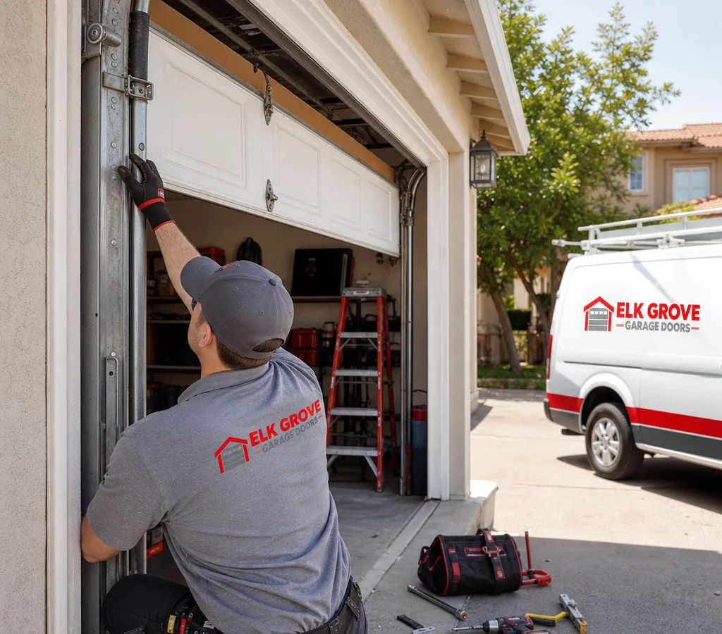 Residential garage door partially open with a roller out of the vertical track while a contractor inspects the track and roller area