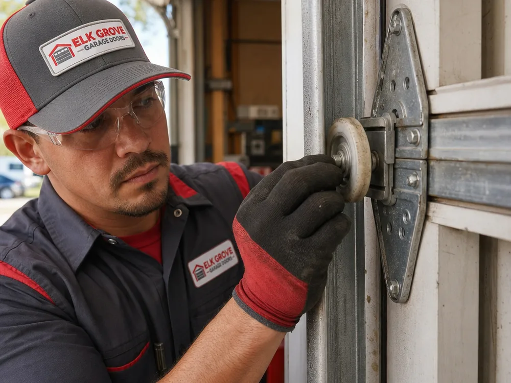 Close-up of a worn garage door roller and slightly misaligned metal track while gloved hands check roller play