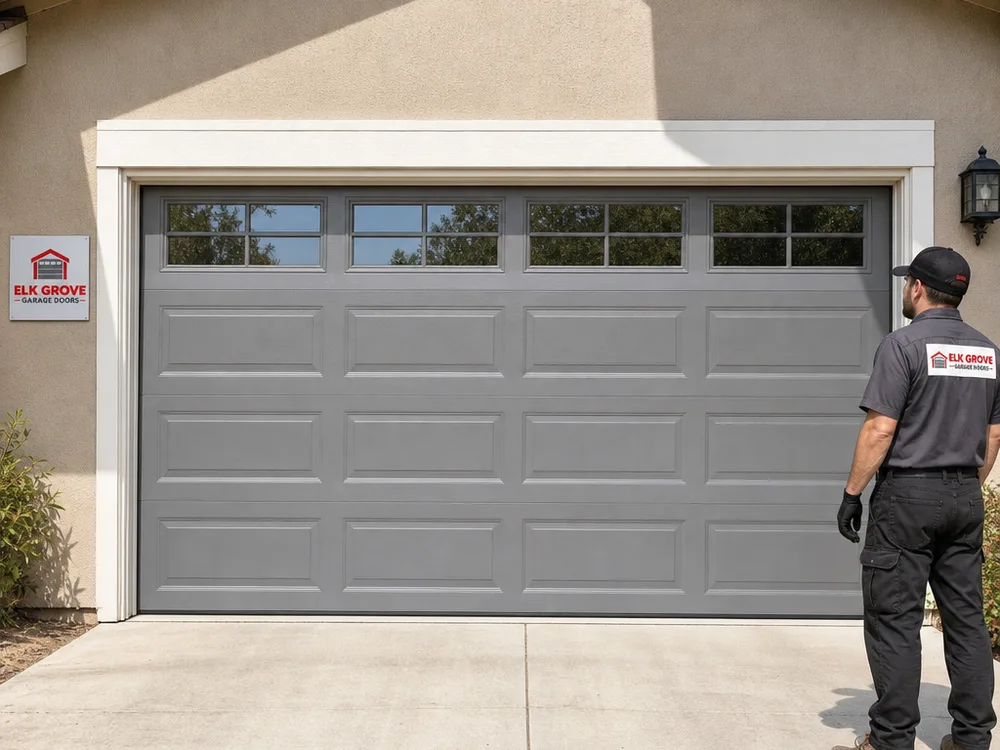 Garage door fully closed with even side gaps, straight tracks, and new rollers visible near the bottom hinge