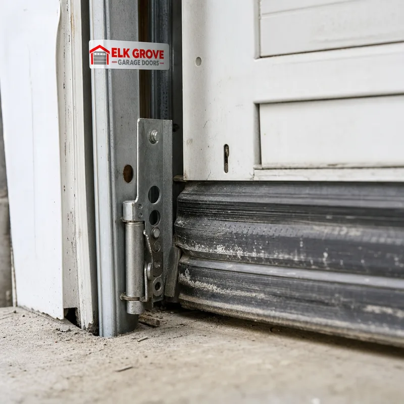 Rolling steel door guide assembly and bottom bar showing scuffing where the curtain has been rubbing