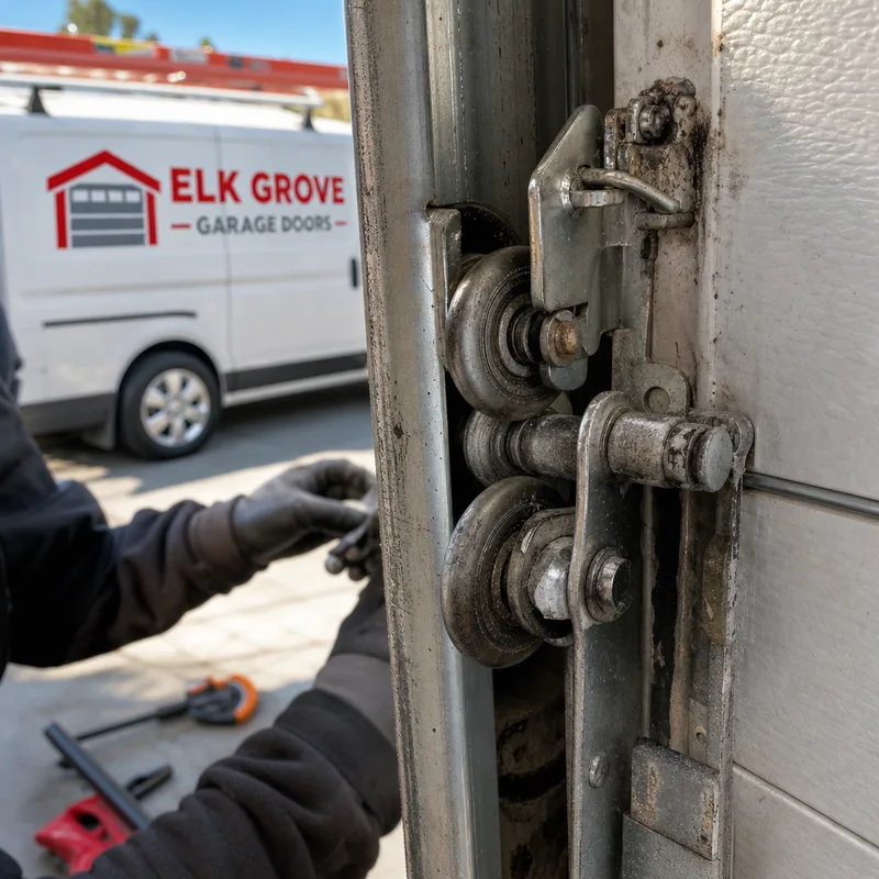 Worn commercial door rollers and hinge knuckles showing metal wear and misalignment on a sectional overhead door