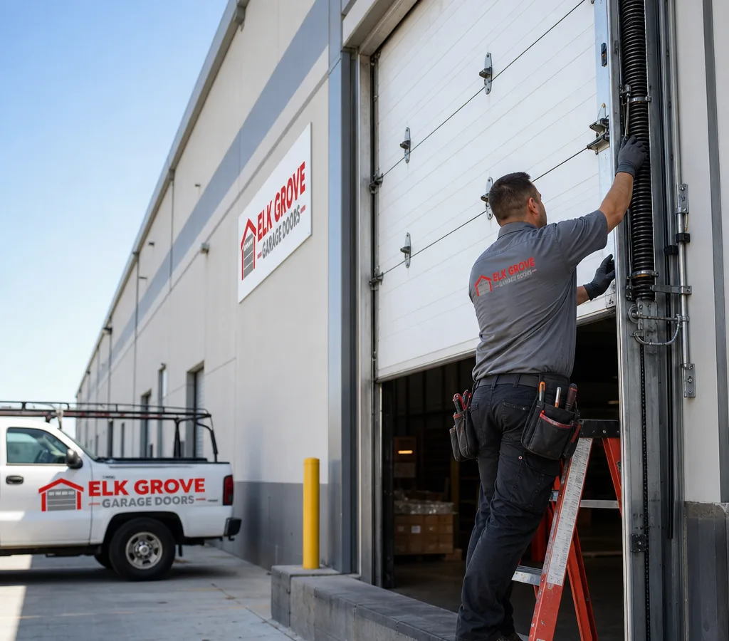Contractor inspecting the tracks, rollers, and springs of a large commercial sectional overhead door at a warehouse loading area