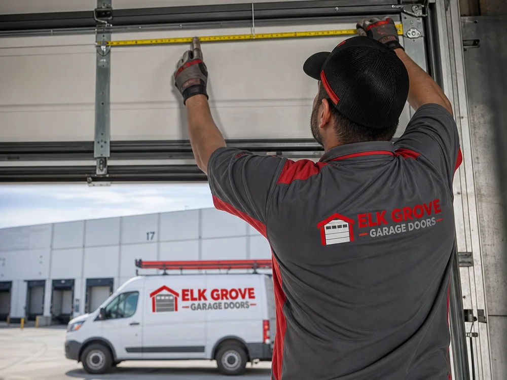 Contractor measuring track spacing and checking back-hang supports on a commercial overhead door inside a warehouse bay