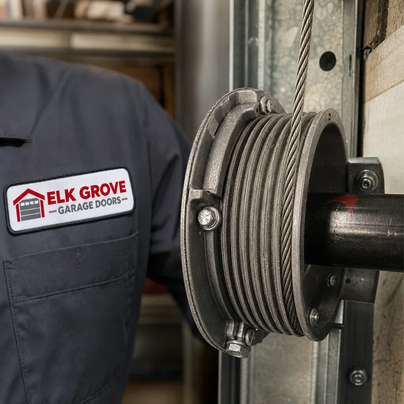 Close-up of a lift cable properly seated on a garage door drum
