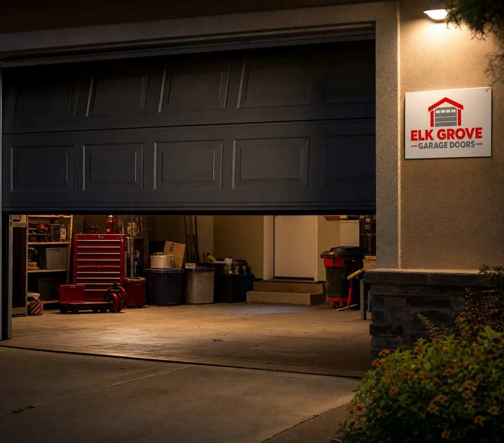 Residential garage door partially open at night with the interior light on