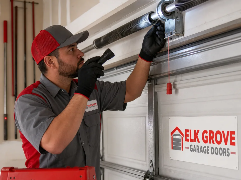 Contractor inspecting a sectional garage door torsion spring and center bearing plate