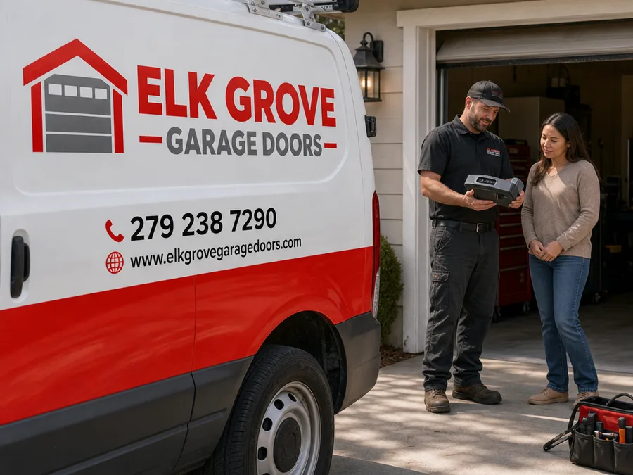 Contractor reviewing a garage door opener unit and explaining the work area to a homeowner